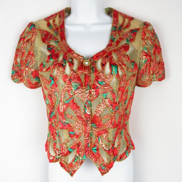 Vintage Tops - Vintage Farinae Glitter Sheer Embroidered Top